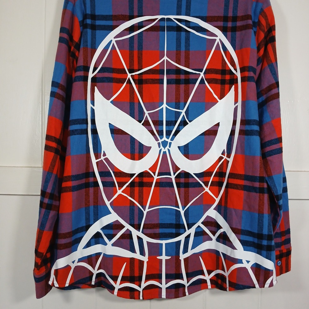 Cakeworthy Spider-Man Flannel Shirt Mens Large Blue Red Marvel Plaid Graphic